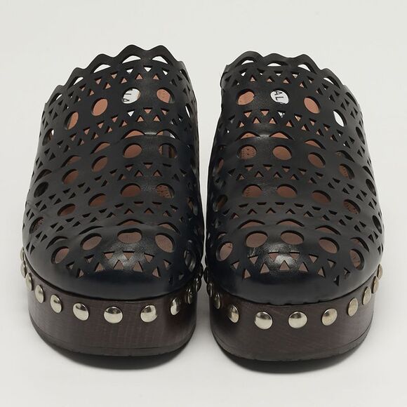 Alaia Size 40 Black Leather Laser Cut Platform Clogs - Picture 3 of 7
